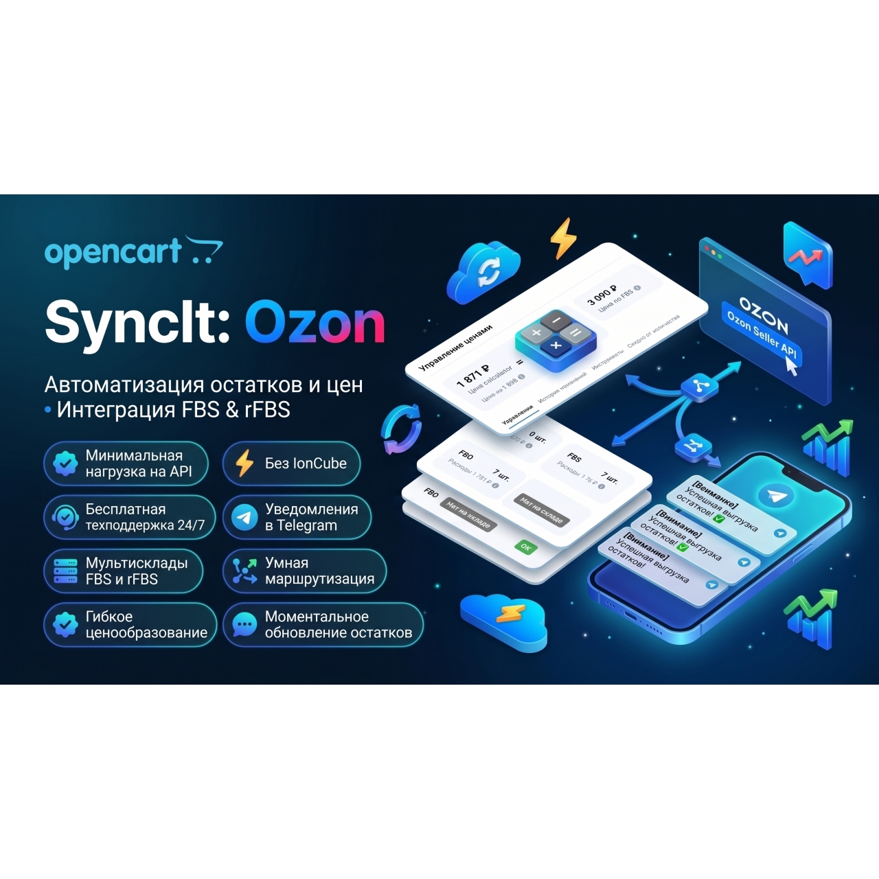 SyncIt: Ozon — Мгновенная синхронизация остатков и цен по API (Delta Sync, Multi-warehouse, Telegram-алерты, Без IonCube) из категории Обмен данными для CMS OpenCart (ОпенКарт)