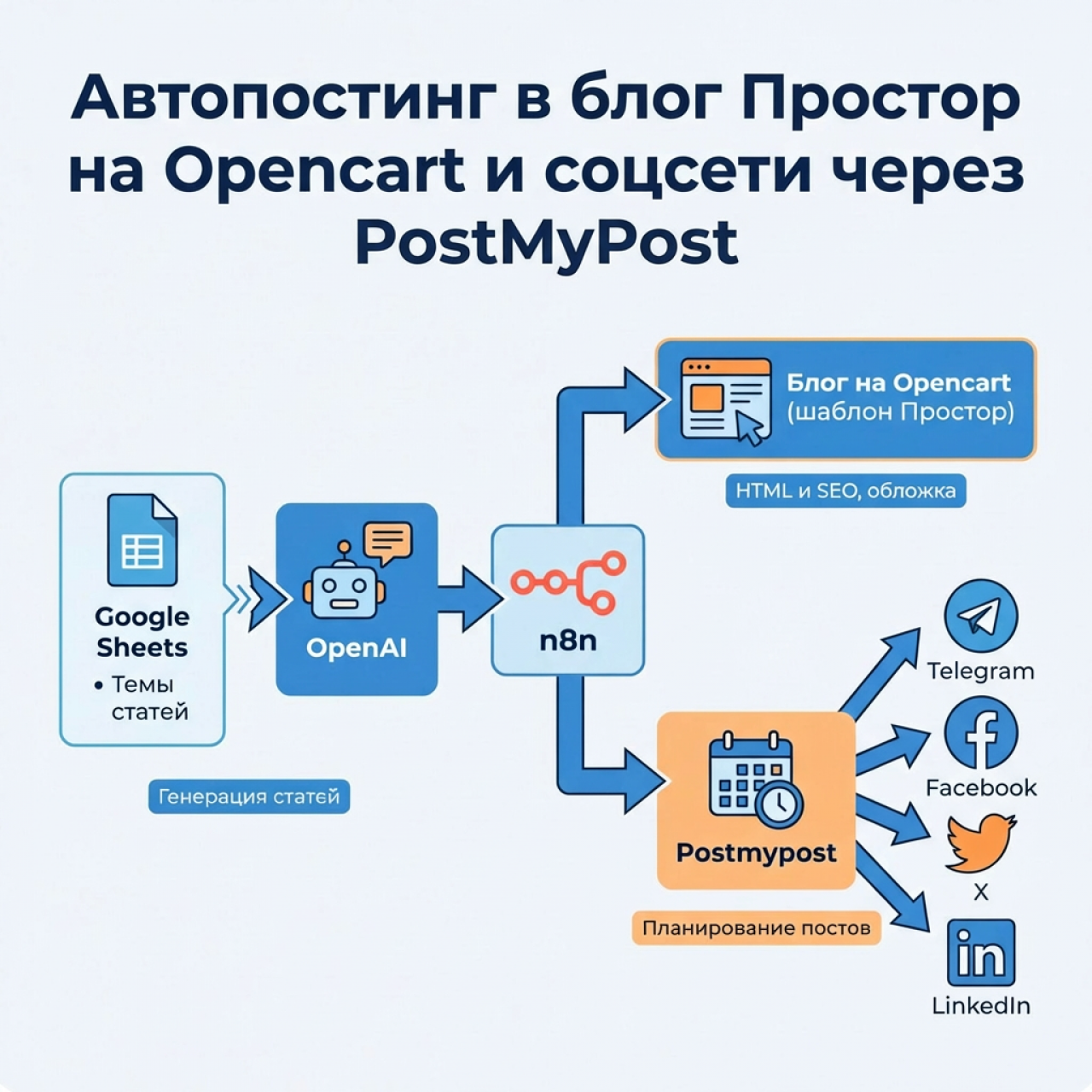 Автопостинг в блог Простор на Opencart, Telegram и соцсети через n8n, OpenAI, Flux и Postmypost из категории Автоматизации для n8n для CMS OpenCart (ОпенКарт)